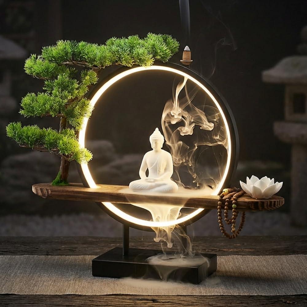 Ceramic Shakyamuni Buddha Statue,LED Light Ring and Backflow Incense Burner | Ceramic with handcarved texture, Fits cone & stick incense, ideal for altars, meditation rooms,Gift for worship practitioners