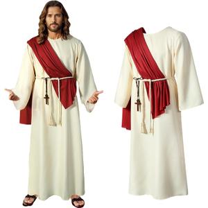 Adult Costume Mens Jesus Robe Bible Religious Christ Costume Includes Red Scarf Waist,Lanyard, a crucifix (Medium, White)