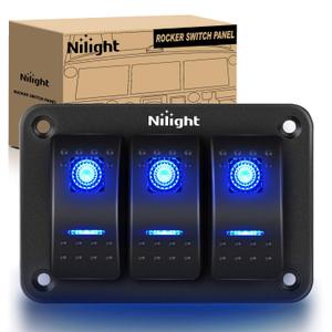 Nilight 90017C 3 Gang Aluminum Panel Toggle Dash 5 Pin On/Off Pre-Wired Rocker Switch Holder for Automotive Car Marine Boat, Blue