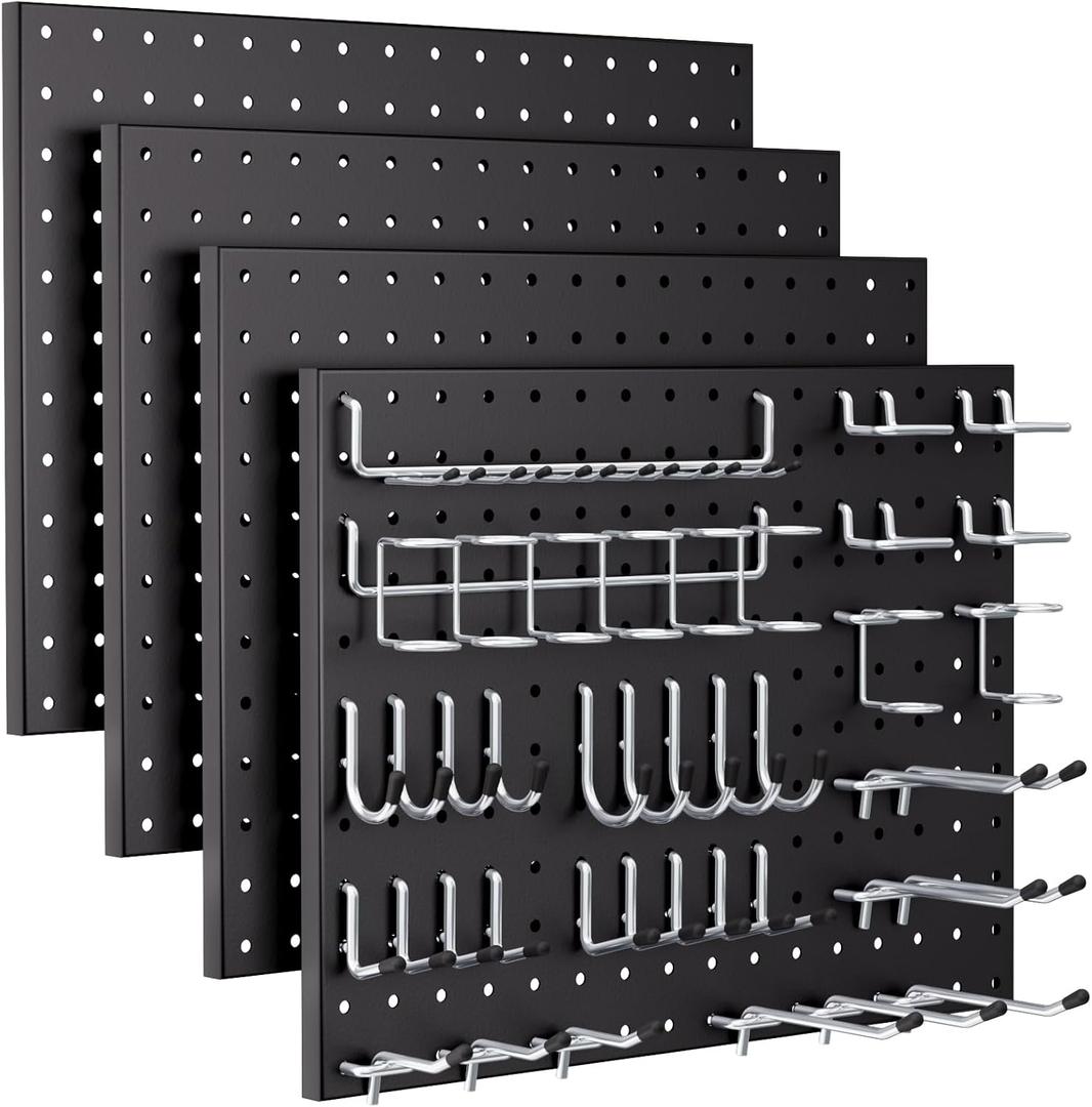INCLY 70PCS Pegboard Wall Organizer, 4PCS Metal Peg Board Panels with 66PCS 1/4" Pegboard Hooks Accessories Kit, Black Peg Board for Walls Home, Garage Tool Storage, Workbench Organization