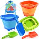 Sloosh 3-Pack Collapsible Sand Toys - Square Foldable Pail Silicone Beach Water with 3 Shovels for Sandbox Play, Party in Summer Portable Toddler Kids Toys Beach Travel (Orange/Blue/Green)