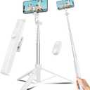 Selfie Stick Travel Tripod for Cell Phone with Remote Control and Phone Holder, Extendable Selfie Stick for iPhone, iPhone Tripod for Video Recording, 63 Inch, White