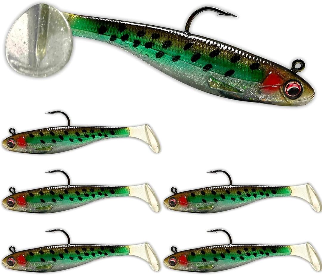 USA Bass Tackle Patriot Shad - Scent Infused Paddle Tail Swimbaits Pre Rigged Fishing Lures Premium Bait Strong Owner Hook, Fishing Gear for Bass Freshwater Predator Fish (1/4oz - 2.8", HD Trout)