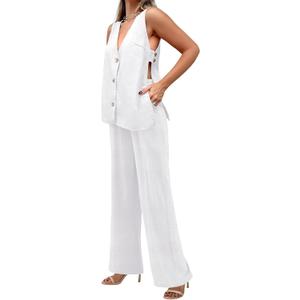 Tankaneo Womens 2 Piece Linen Sets Summer Outfits Sleeveless V Neck Botton Down Tank Tops and Pants Matching Set (Large, White)