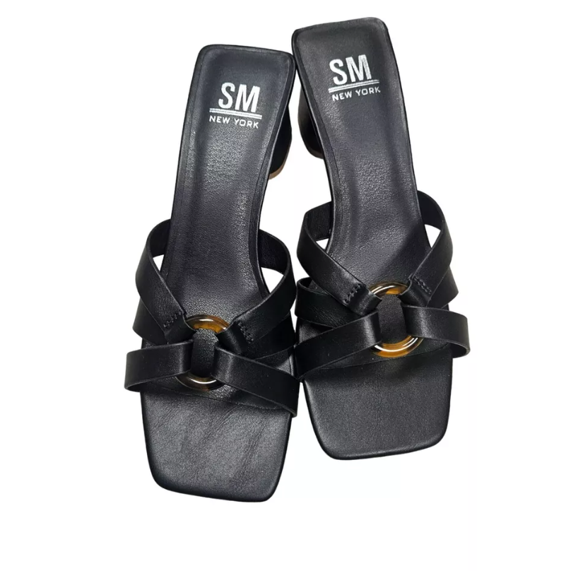 SM New York Jordan NIB Strappy Black Brown Heeled Sandals Open Toe Block Heel Womens 6