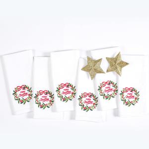 Cotton Clinic Christmas Napkins - Xmas Cloth Dinner Napkins 100% Cotton Set of 6 - Soft Durable Washable - Holiday Napkins 18x18 Embroidered - Merry Christmas Wreath Cloth Dinner Napkins