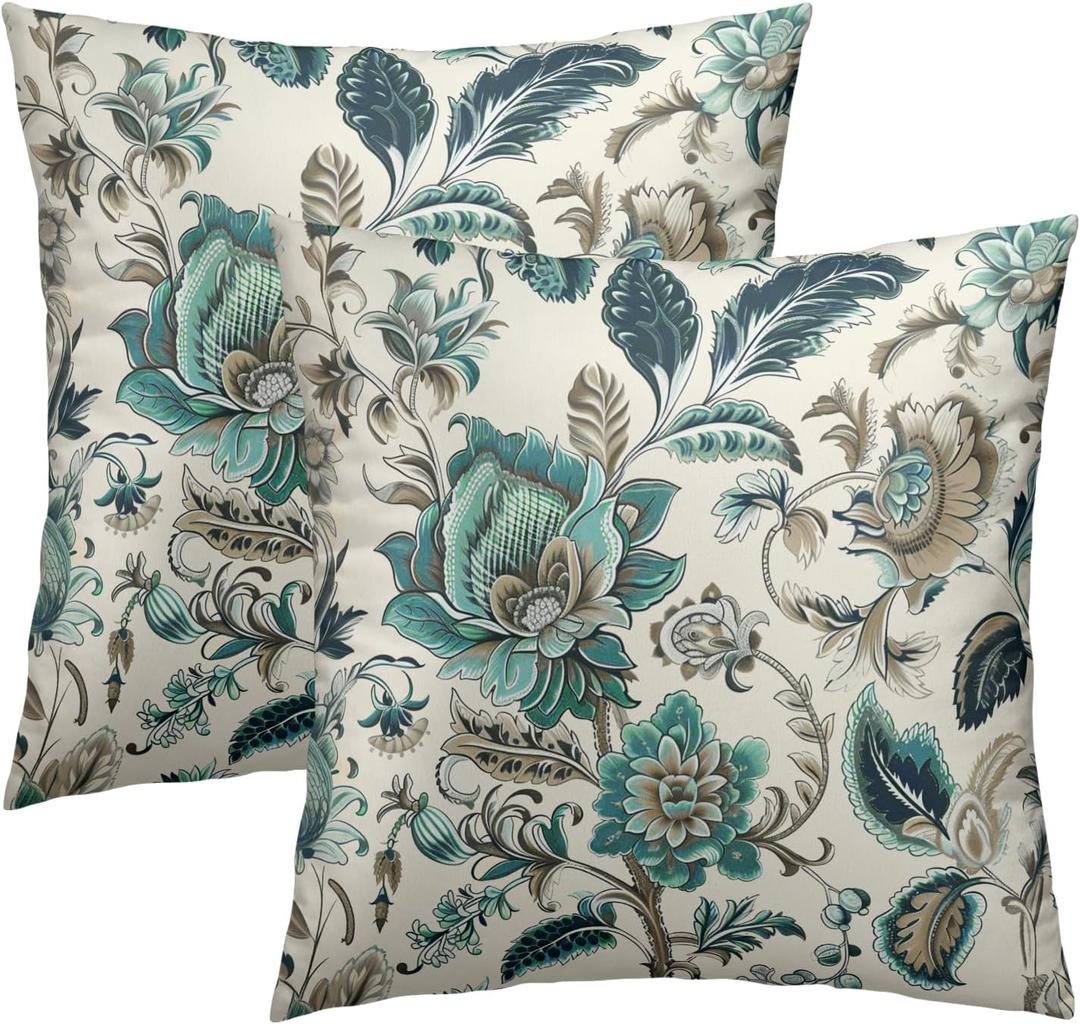 Teal Blue Flowers Throw Pillow Cover 18x18 Inch Pack of 2 Turquoise and Brown Floral Cushion Pillow Case Square Chinoiserie Cream Farmhouse Pillowcase for Party Bed Sofa Home Car Bedroom Outdoor