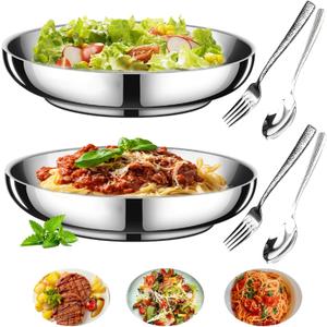 2PCS Stainless Steel Dinner Plates 8.7" Double Layered 18/8 Metal Round Dinner Plates Unbreakable with 2 Spoons & Forks, Dishwasher Safe, Heat-Resistant for Indoor/Outdoor Use, Camping Everyday Meals