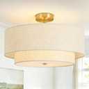 19.7" Semi Flush Mount Ceiling Light, 4-Light Drum Ceiling Light Fixture | 2-Tier Fabric Linen Shade Design, Modern Classic Style, for Dining Room, Living Room, Bedroom, Hallway, Entryway, Brass Gold