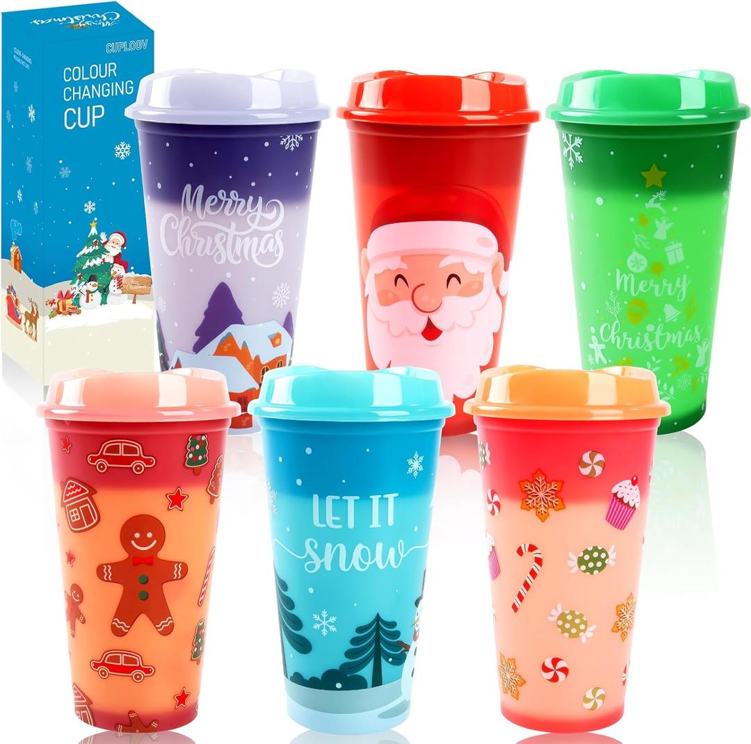 6pcs Christmas Color Changing Hot Cups with Lids, Plastic Reusable Hot Coffee Cups for Adults Kid Winter Christmas Holiday Birthday Party Cups Tumblers, 16 Oz