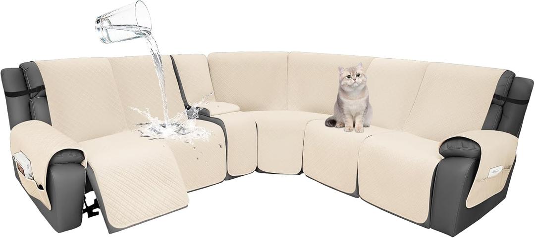 Velvet 1OO% Waterproof Reclining Sectional Couch Covers for Sectional Sofa L Shape 8-Piece Quilted Corner Recliner Sofa Cover Slipcovers Set Washable (5 Seater with 1 Console, Beige)