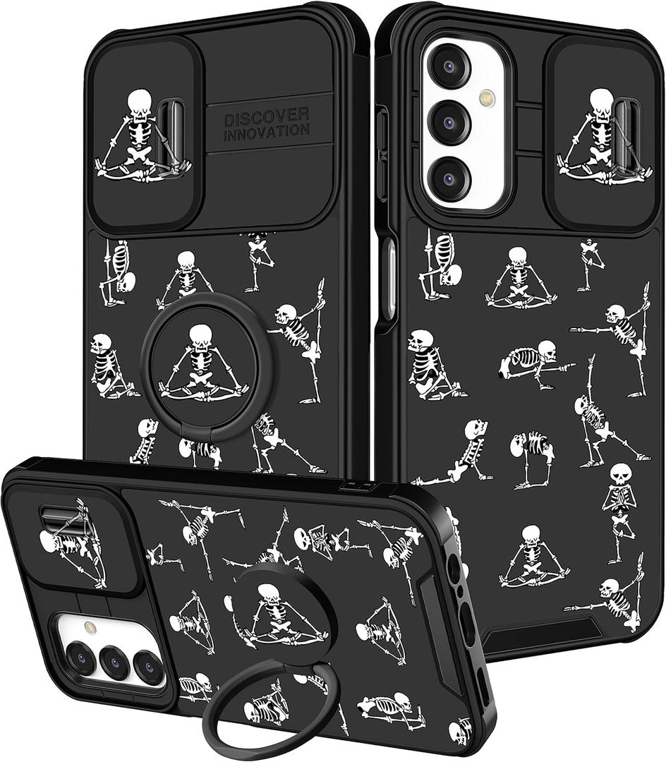 Funermei for Samsung Galaxy A14 5G Phone Case - Women Cute Girls Cover Black Fun Funny Girly Kawaii Aesthetic Cool Skull Skeleton Design with Camera Cover Ring Stand for Galaxy A14 5G Case