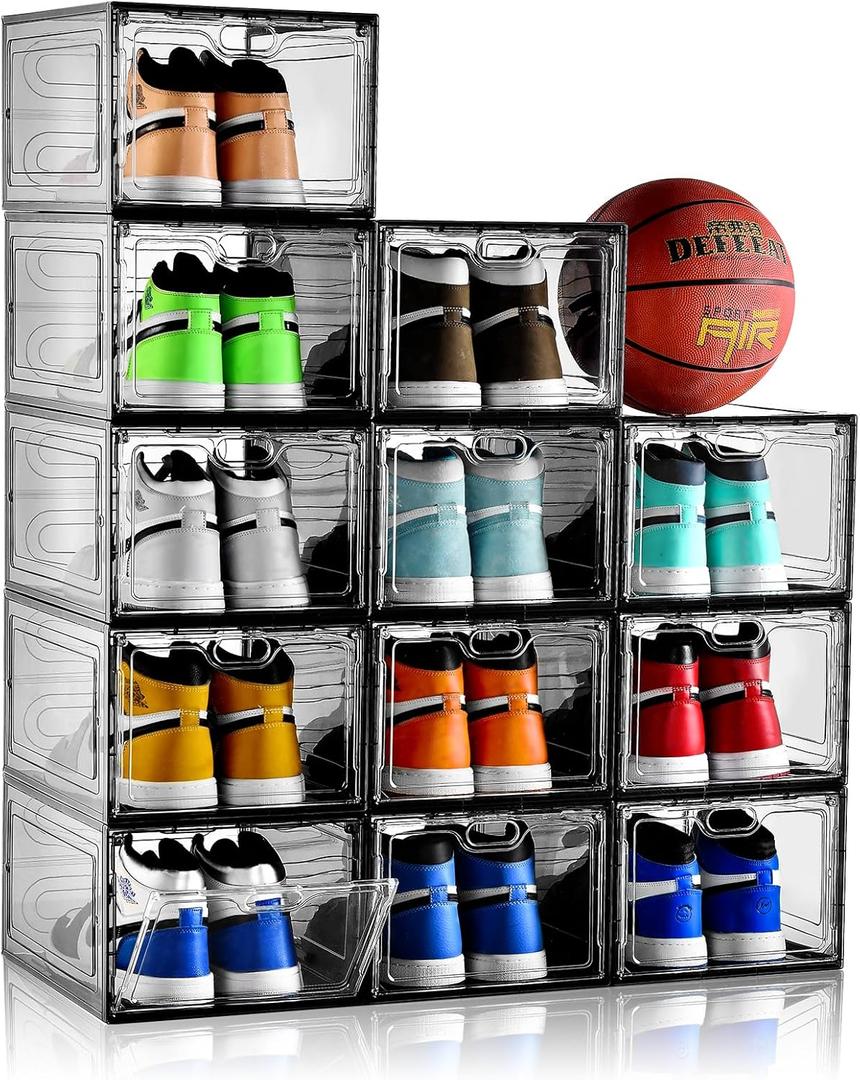 12 Pack Gray Transparent Shoe Storage Organizer, Stackable Shoe Boxes for Closet, Drop Front Plastic Shoe Box with Grey Door, Easy to Assemble, Fit up US Size 12(13.4x 9.8x 7.1)