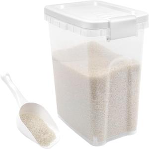 Tight-Lock Rice Container 10-15 Lbs - Airtight Flour Container with Scoop - Food-Grade Plastic Food Storage Container for Cereal, Sugar - Dry Food Dispenser for Kitchen, Pantry Organizers and Storage (Shiny White)