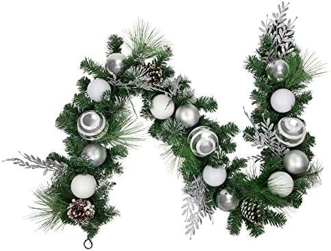 6' Green Pine Needle Garland with Pinecones and Striped Christmas Ornaments, Unlit