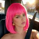 Hot Pink Bob Wigs with Bangs (Can Be Trimmed) Straight Short Wigs for Women Synthetic Pink Wig for Cosplay Women Funny Wig for Party Halloween Daily Anime Costume Events Wear