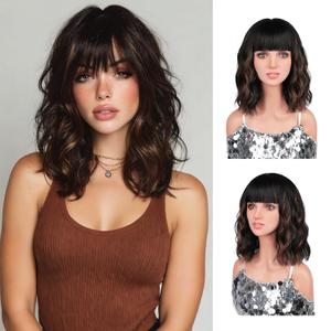 Bob Wig, 14 Inch Black Mixed Brown Short Bob Wigs with Bangs for Women Girls, Loose Wavy Hair Shoulder Length Synthetic Bob Wig for Cosplay Daily Party Use, Adjustable Straps Wigs with Wig Cap