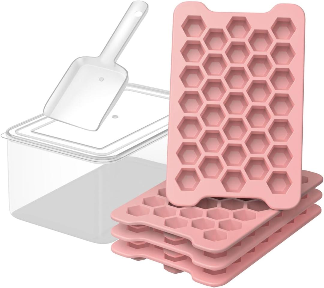 Small Ice Cube Tray for Freezer: FDDAI Easy Release Ice Cube Maker - Plastic Stackable Cubed Ice Trays and Bin - Making Tiny Honeycomb Icecubes (Pink)