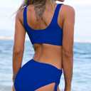 Fanuerg Women's Twist Front High Waisted Bikini Swimsuit Drawstring Tie Side Bottom Two Piece Bathing Suit (Blue, M)