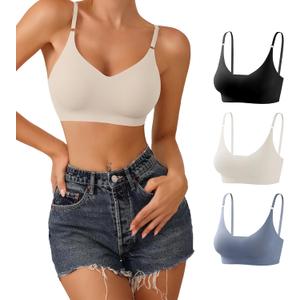 DEANGELMON V Neck Bra Padded Seamless Adjustable Straps Bralettes Everyday Basic Sleeping Bras Multiple Pack (X-Large, Black,blue,apricot)