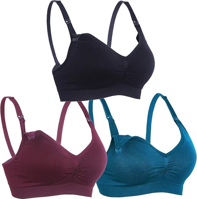 Womens Nursing Bra for Breastfeeding Seamless Clip Down Push Up Padded Maternity Bras 4-Pack, Color: Black+Gey Red, Large