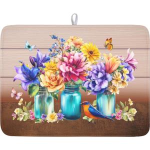 Spring Colorful Flowers Dish Drying Mat for Kitchen Counter,Vintage Plants Mason Jar Butterflies Drying Mat 18 x 24 Inch with Absorbent Reversible Microfiber Dish Drying Pad for Coffee Bar