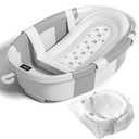 Collapsible Baby Bathtub with Soft Cushion and Thermometer, Newborn to Toddler Tub 0-36 Months with Toy Storage Mesh Bag, Portable Travel Bath for Infants (Grey)
