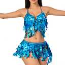 SEAUR Belly Dancer Outfit Set Sequin Fringe 2 Piece Adjustable Sparkly Skirt Top Hip Scarf for Dance Competition Festival Party Carnival Blue One Size