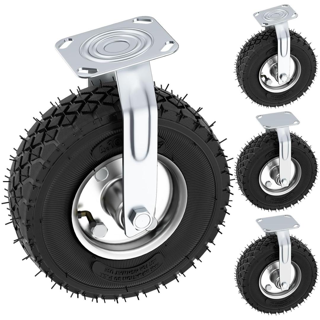 10 Inch Pneumatic Casters Set of 4 (2 Swivel/2 Rigid),Heavy Duty Casters, Tolerable 1300 LBS, Rubber Knobby Tread for Workbench, Cart, Trolley, Wagon and Shelves
