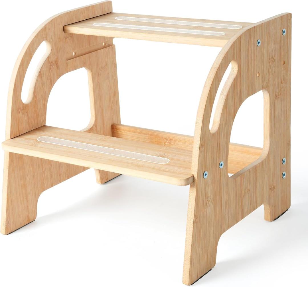 Toddler Step Stool, Selucky Bamboo Height-Adjustable 2-Step Stool for Kids, Potty Training Stool with Handles for Bathroom Sink, Kitchen, Bedroom (Original)