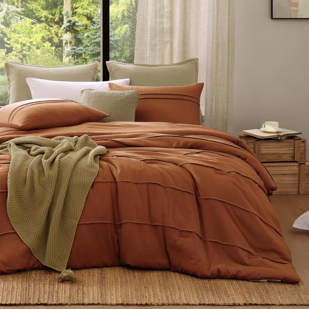 Burnt Orange King Comforter Set, Pinch Pleat King Bedding Set for Farmhouse Bedding, 3 Piece King Size Bed Set, Warm Fluffy Boho Comforter Sets,2 Shams(Burnt Orange,102"*90",King)