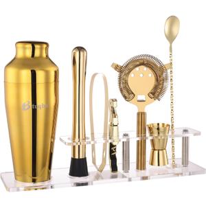 Cocktail Shaker Set with Arcylic Stand, Mixology Bartender Kit for Drink Mixing | Mixology Set with 7 Bar Set Tools Cocktail Kit (Gold)