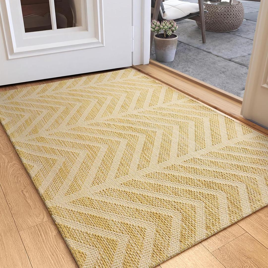 Washable Entryway Rug 2x3 - Non Slip Small Door Mat Indoor Entrance - Low Profile Front Door Mats for Inside House - Boho Woven Foyer Rug - Absorbent Mud Mat for Entryway,Mudroom(2'x3',Brown)