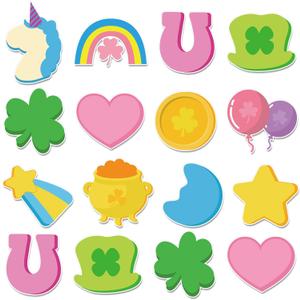AnyDesign 48Pcs St. Patrick's Day Cutouts Lucky Charm Cut-Outs Funny Cartoon Shamrock Clover Paper Cutting with 100 Glue Points for Irish Spring Party Classroom Bulletin Board DIY Crafts
