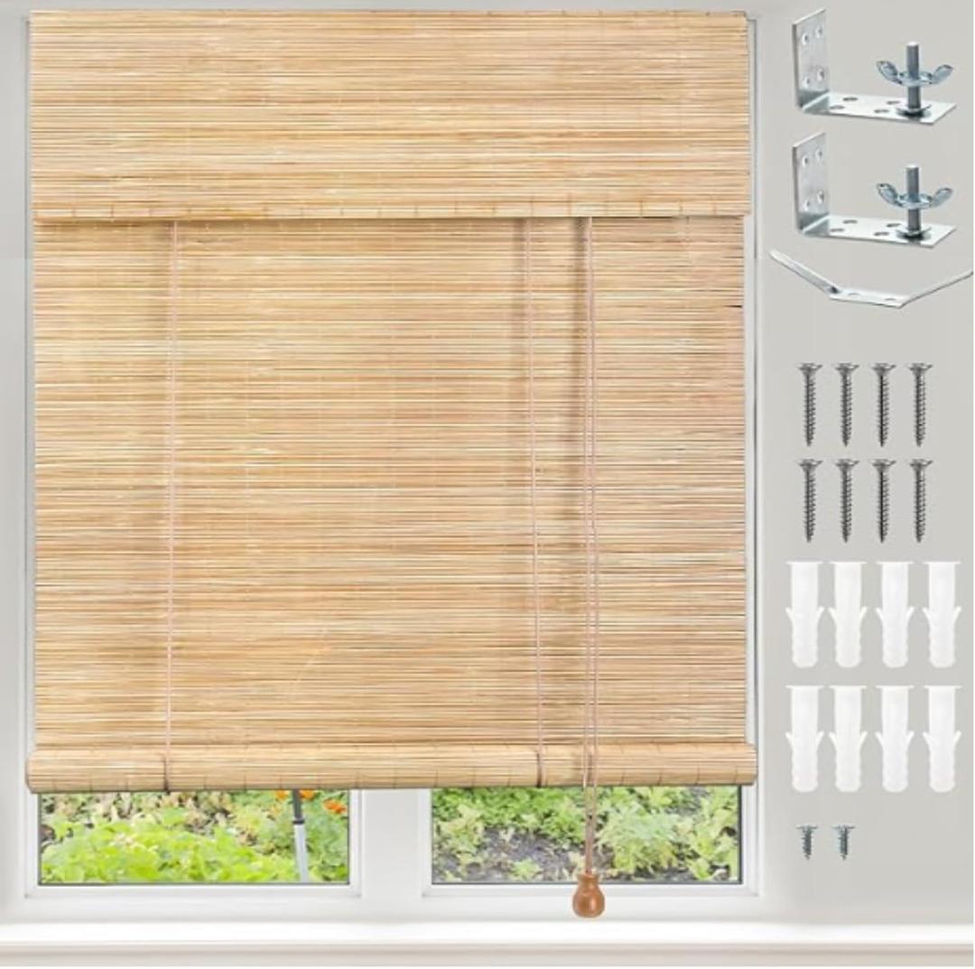 22.5" W*48" H Bamboo Blinds, Light Filtering Roll Up Roman Shades, Wooden Sun Roller Shade for Interior Windows, Ideal for Home Patio Porch Privacy Protection, Easy Installation