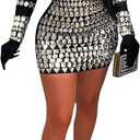 Women's Big Rhinestones Bodycon Sexy Nightclub Party Dress with Long Gloves, L