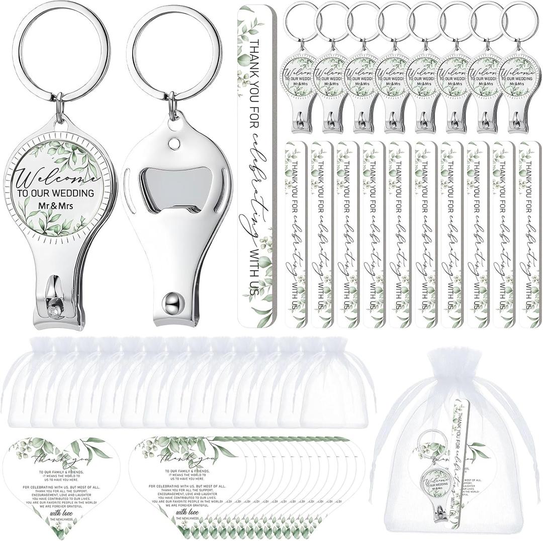 50 Sets Wedding Bridal Shower Party Favors for Guests Multi Function Bottle Opener Nail Clipper Nail File with Heart Cards Organza Bags for Wedding Party Souvenir Thank You Gifts(Greenery)