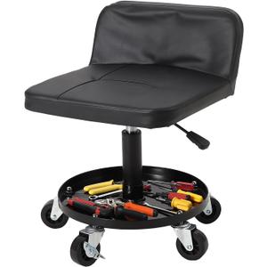 Rolling Shop Stool w/ 3" Locking Swivel Wheels, 300LB Capacity, 18"-22" Height Adjustable with Soft Cushion & Tool Tray, Telescoping Mechanic Seat for Garage, Auto Repair, Heavy-Duty, Black
