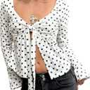 Women Y2k Polka Dot Bow Tie Front Split Hem Peplum Crop Tops Coquette Sweetheart V Neck Long Sleeve Fall Shirts (S)