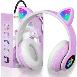 Bluetooth Noise Cancelling Headphones for Kids,Foldable Cat Headphone with LED Light Up Ear,Cat Ear Headphones for Toddler with Microphone/TF Card,Kids Bluetooth Headphones for ipad (Purple)