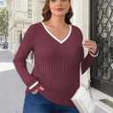 V Neck Long Sleeve Shirts for Women Fall 2025 Casual Business Ribbed Knit Sweater Cute Work Outfits (X-Large, D-wine Red)