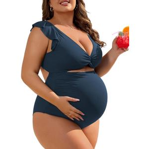 Charmo High Waisted Maternity Swimsuit Ribbed Ruffle One Piece Pregnancy Bathing Suits Self Tie Swimwear, (M,Navy)