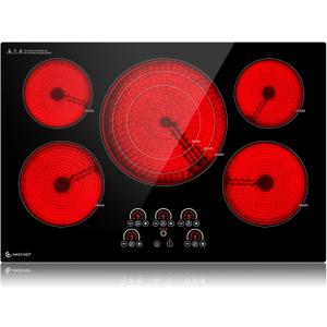 AMZCHEF Electric Cooktop 30 Inch,5 Burners Built-in Electric Stove Top,Max 9000W Ceramic Glass Countertop with Touch Control,9 Heating Level,Triple Zone,Safety Lock