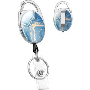 Uniclife Cute Retractable Keychain, Blue Marble Badge Holders, Key Ring, Badge Clip for Keys and ID Card, Heavy Duty Badge Reel with Carabiner