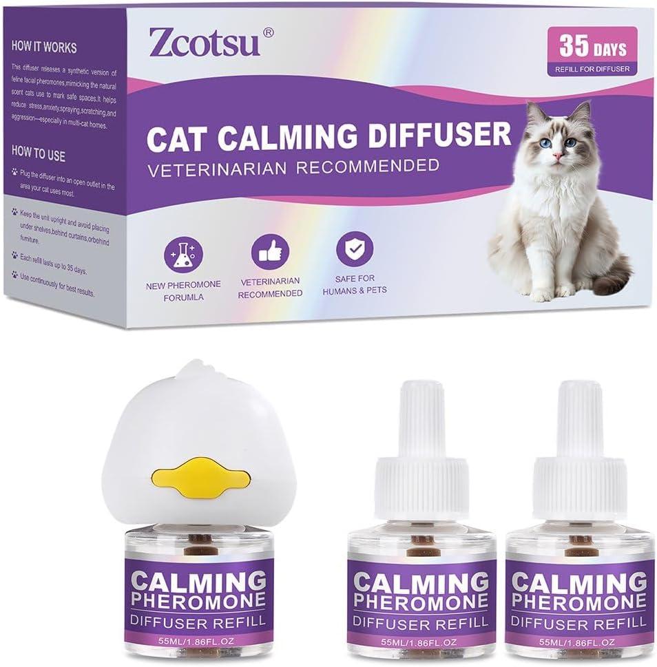 Cat Calming Diffuser Refill Kit - 35 Days Pheromone Formula to Relieve Stress, Reduce Scratching, Urine Spraying & Hiding - for Cats & Kittens (Style 1, White)