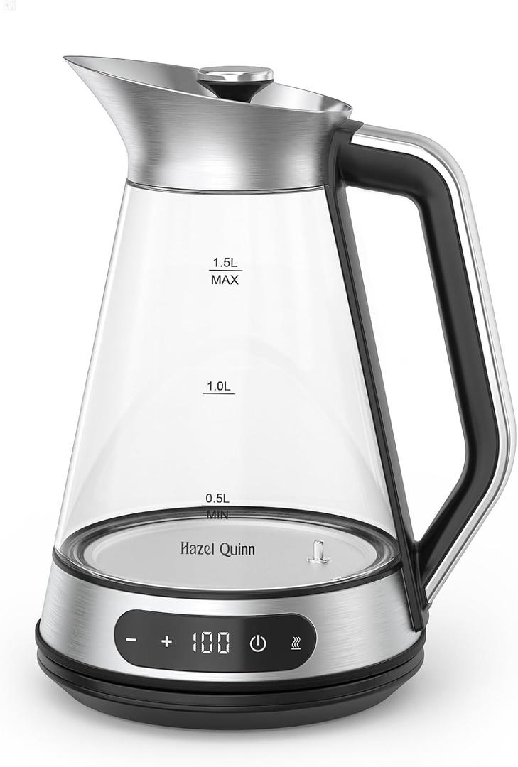 Hazel Quinn Glass & Stainless Steel Electric Kettle, 1.5 Liters Tea Kettle | Quiet Boil, 1C Temp Control, 24H Keep Warm, Anti-Residue Bottom, Auto Shut-Off, BPA-Free Hot Water Kettle, 1000W Fast Boil
