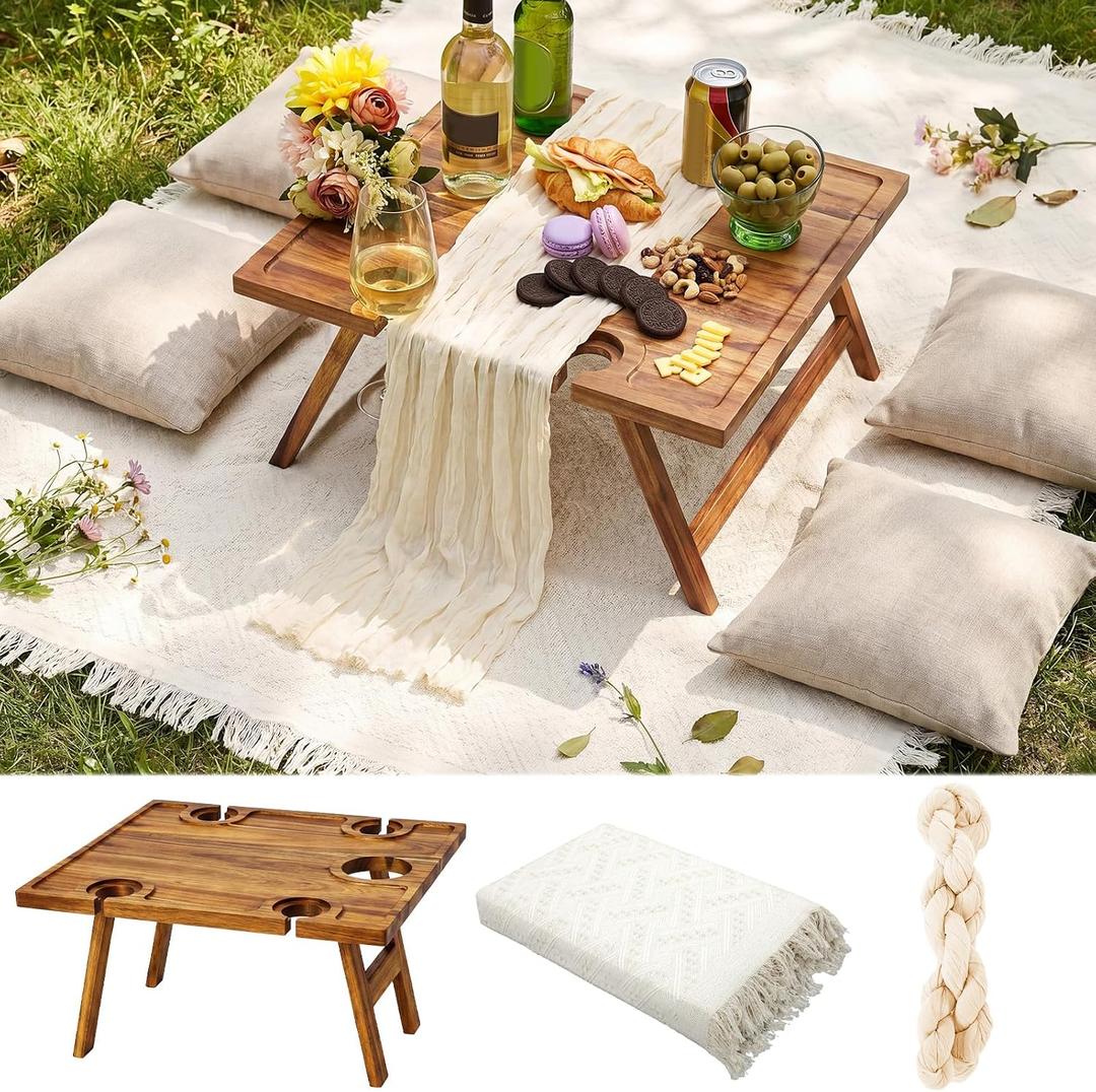 Novabright 3 Pcs Picnic Kit Folding Portable Wine Picnic Table Extra Large Outdoor Boho Blanket 91'' x 71'' Beige White Table Runner Woven Cotton Oversize Washable for Romantic Camping Wedding