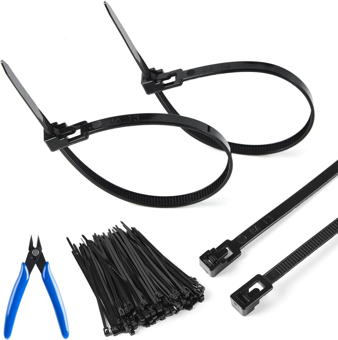 Reusable Zip Ties 8 inch 100 Pack with Wire Cutters, Adjustable Releasable Cable Ties 50lbs Tensile Strength, Self-Locking Nylon Ties for Home, Office, Garden, Workshop, Industrial Use