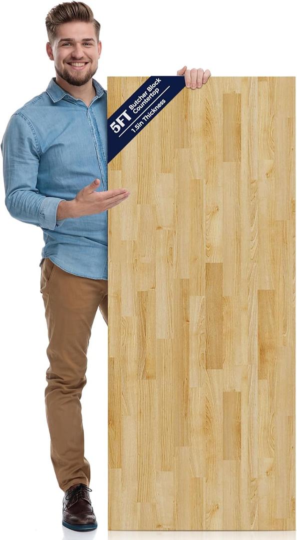 Solid Wood Butcher Block Countertop - Unfinished Birch Slab Counter Top Wooden Table Top for DIY Kitchen Island, Workbench, Washer Dryer, Coffee Bar Table, 60"x25"x1.5", 5FT