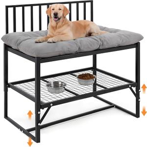 Leinuosen Dog Bunk Bed with Storage Shelf, Height Adjustable Beside Dog Bed for Large Dogs, 44"x39"x28" Heavy Duty Metal Frame Up to 300 LBS, Attaches to Human Beds with Removable Washable Cushion